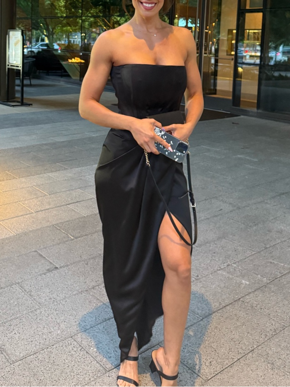 Gianni Bini Strapless Black Satin Midi Dress with Front Slit